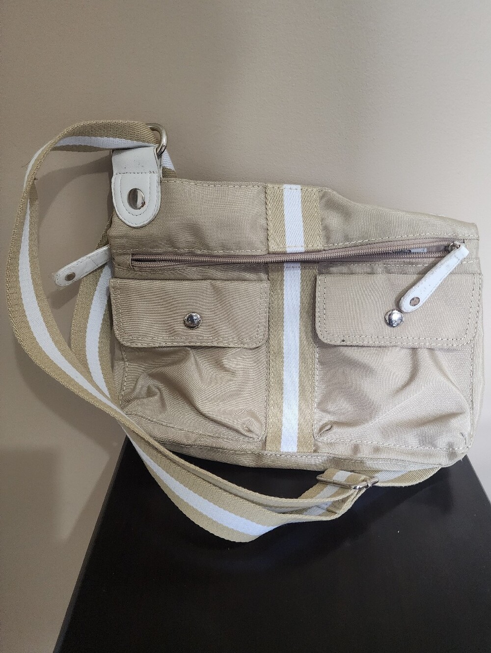 Y2K Beige Canvas Crossbody Bag with White Stripe